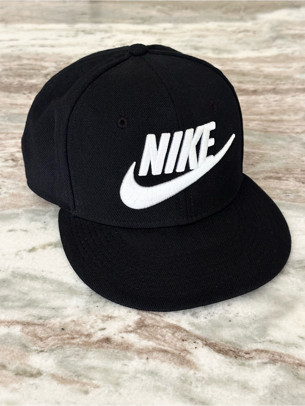 Nike True Black Flat Brim Snap Back Hat With 3D White Swoosh Logo